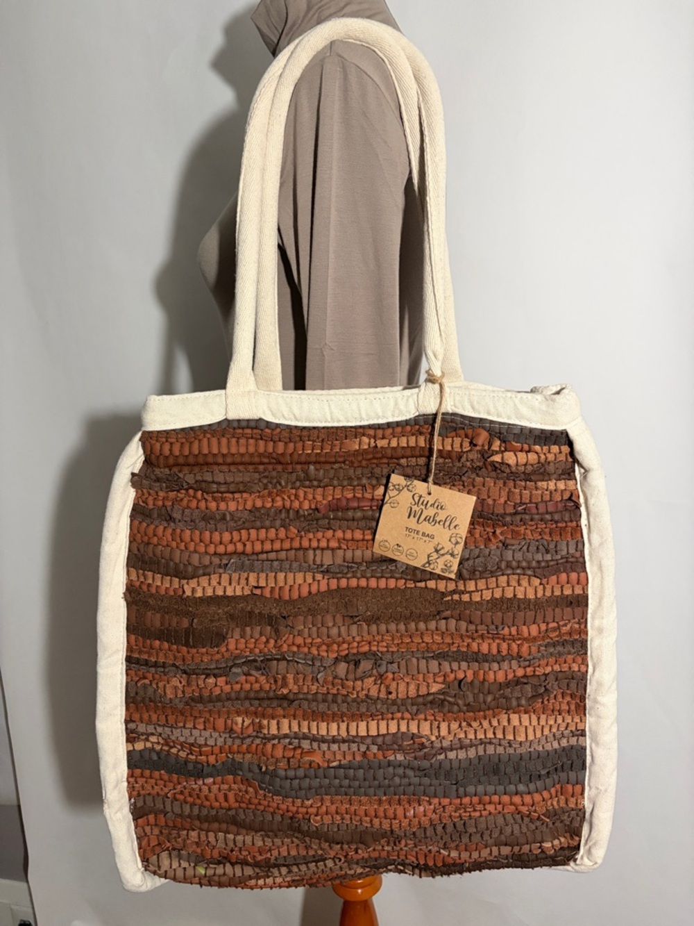 Studio Mabelle Cotton & Leather Tote Bag 17” x 17” x 7”